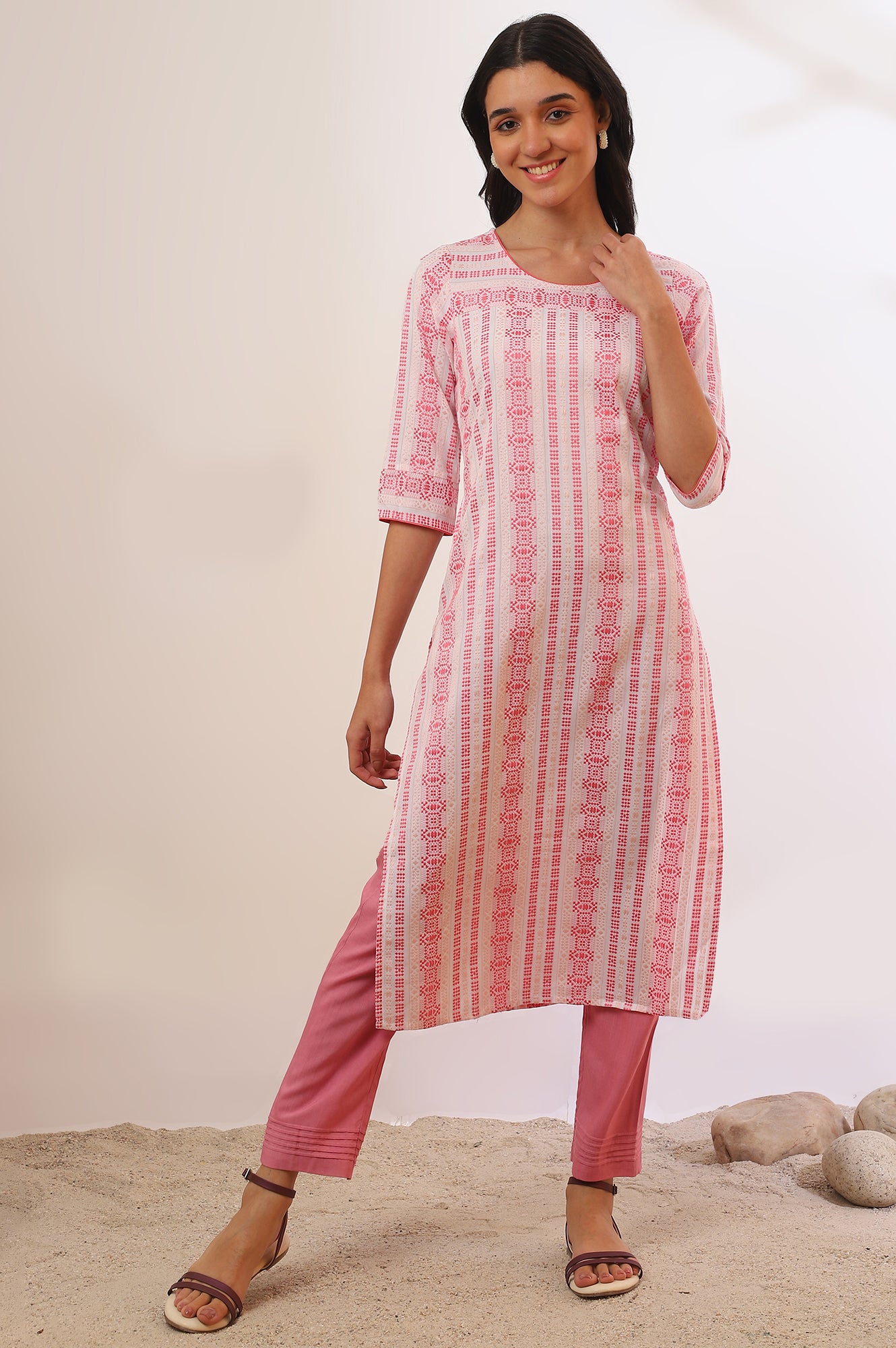 Pink Yarn Dyed Straight Cotton Blend Kurta