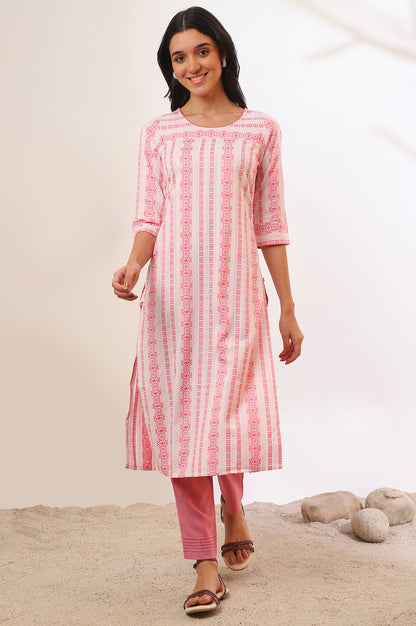 Pink Yarn Dyed Straight Cotton Blend Kurta