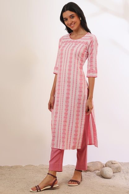 Pink Yarn Dyed Straight Cotton Blend Kurta