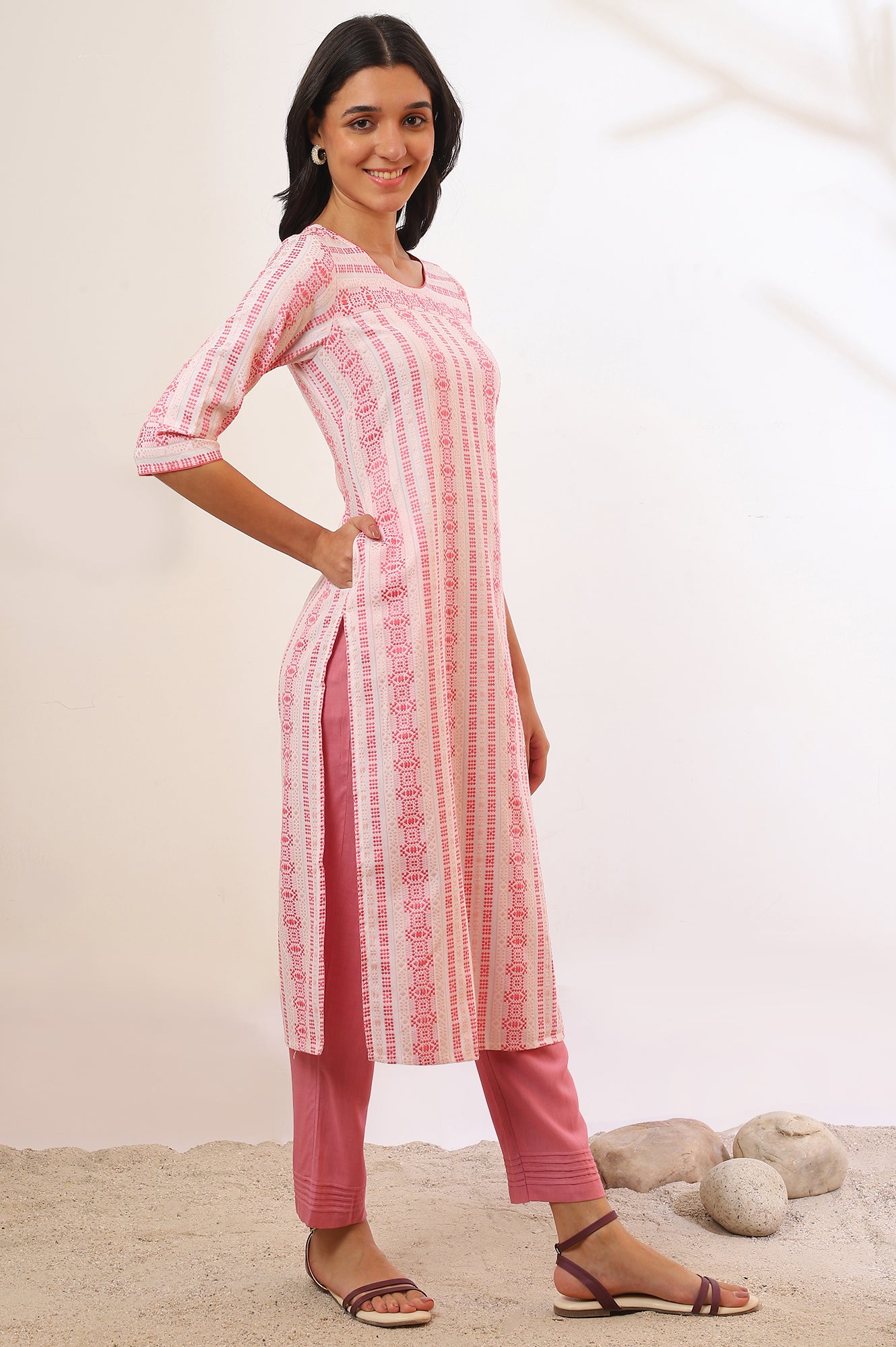 Pink Yarn Dyed Straight Cotton Blend Kurta