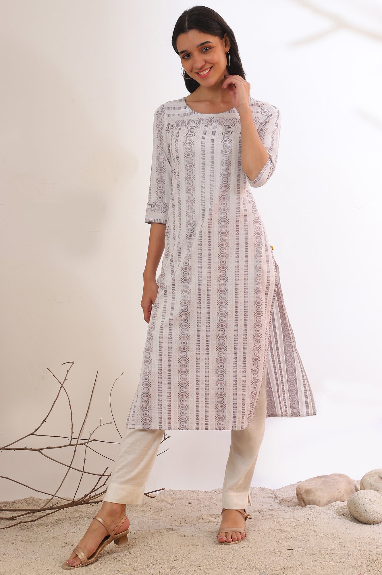 Grey Yarn Dyed Straight Cotton Blend Kurta