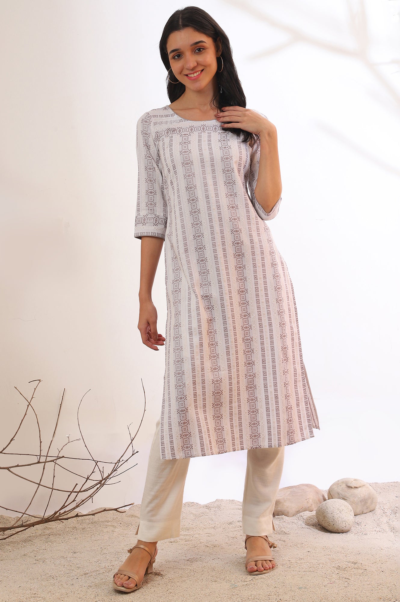 Grey Yarn Dyed Straight Cotton Blend Kurta