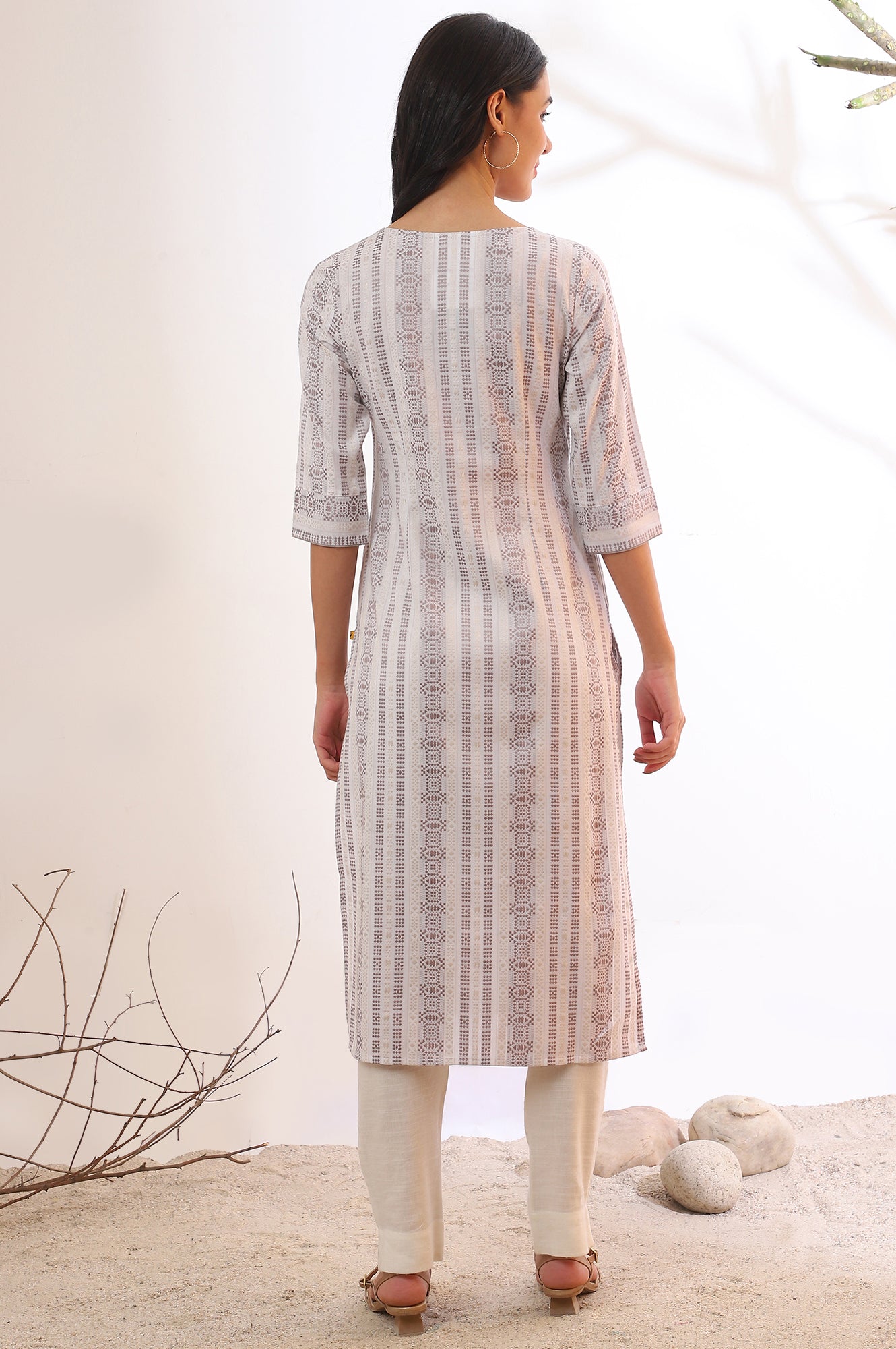 Grey Yarn Dyed Straight Cotton Blend Kurta