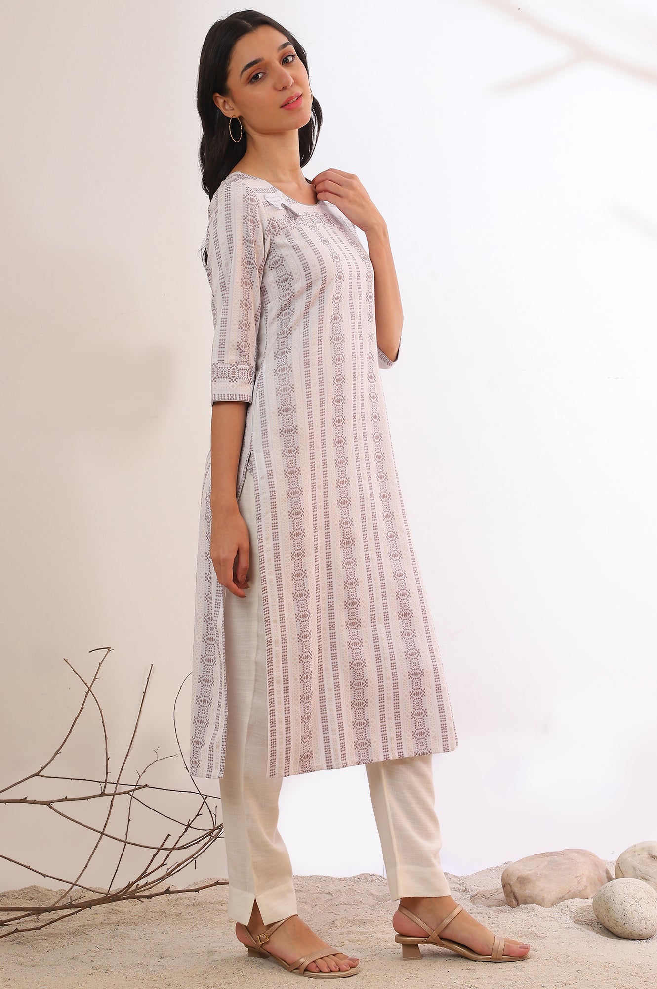 Grey Yarn Dyed Straight Cotton Blend Kurta