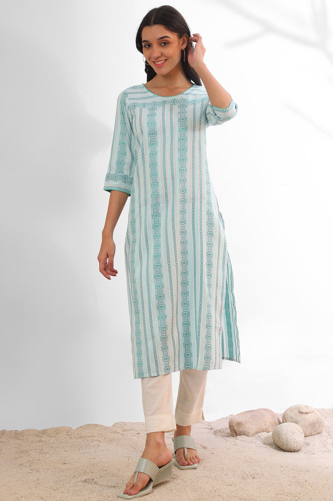 Green Yarn Dyed Straight Cotton Blend Kurta