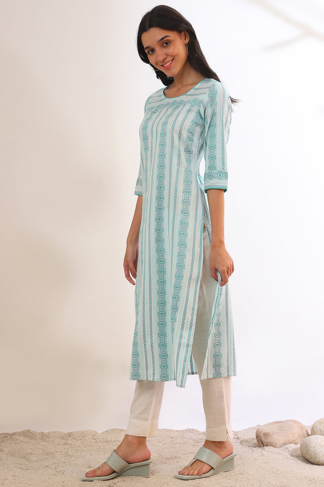 Green Yarn Dyed Straight Cotton Blend Kurta