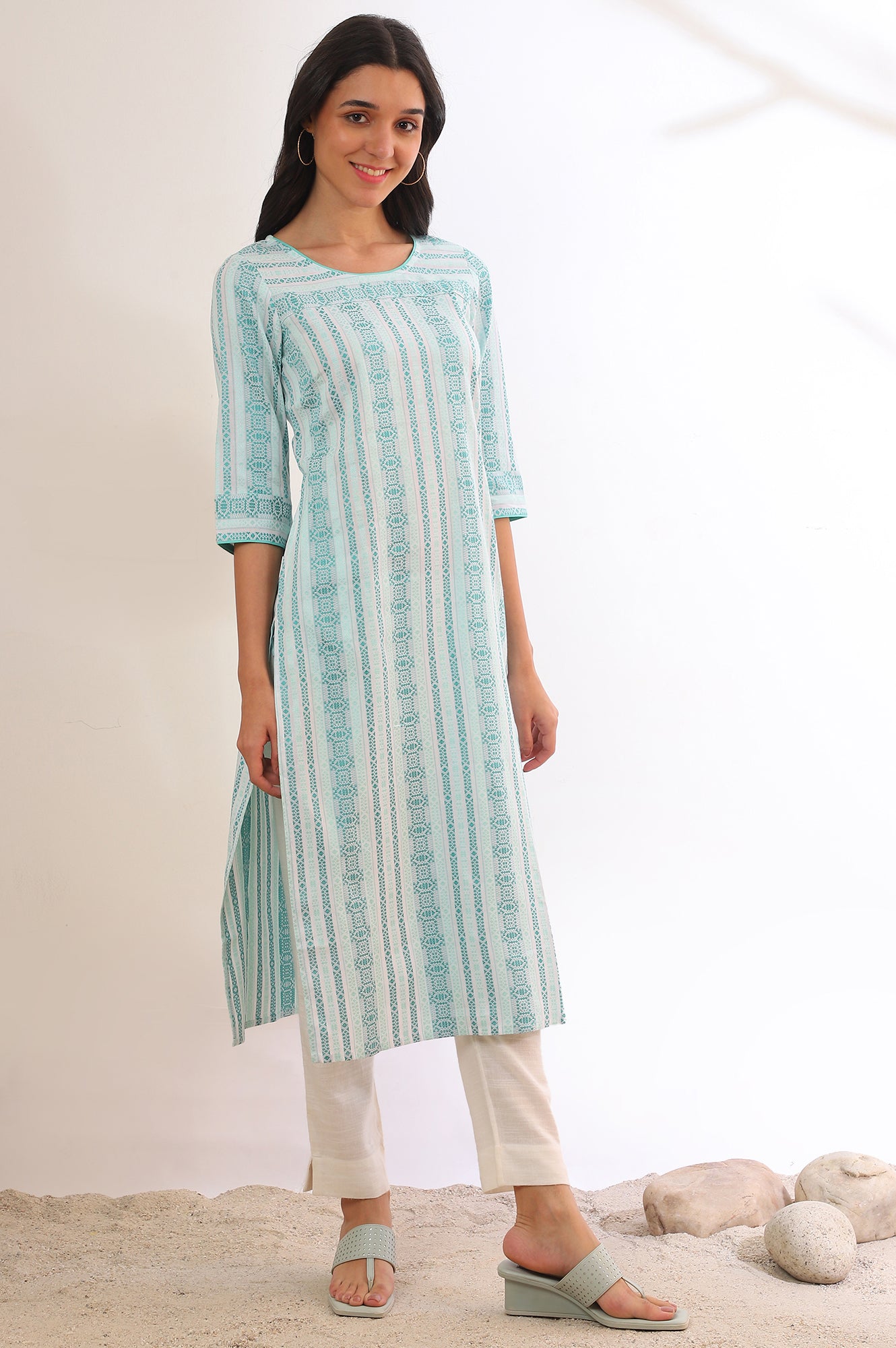 Green Yarn Dyed Straight Cotton Blend Kurta