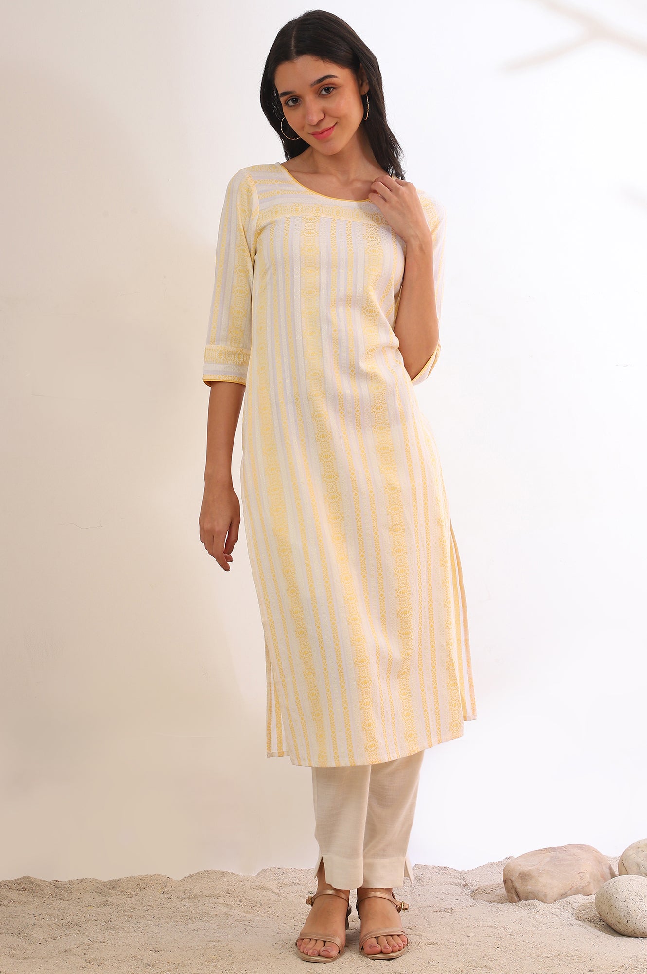 Yellow Yarn Dyed Straight Cotton Blend Kurta