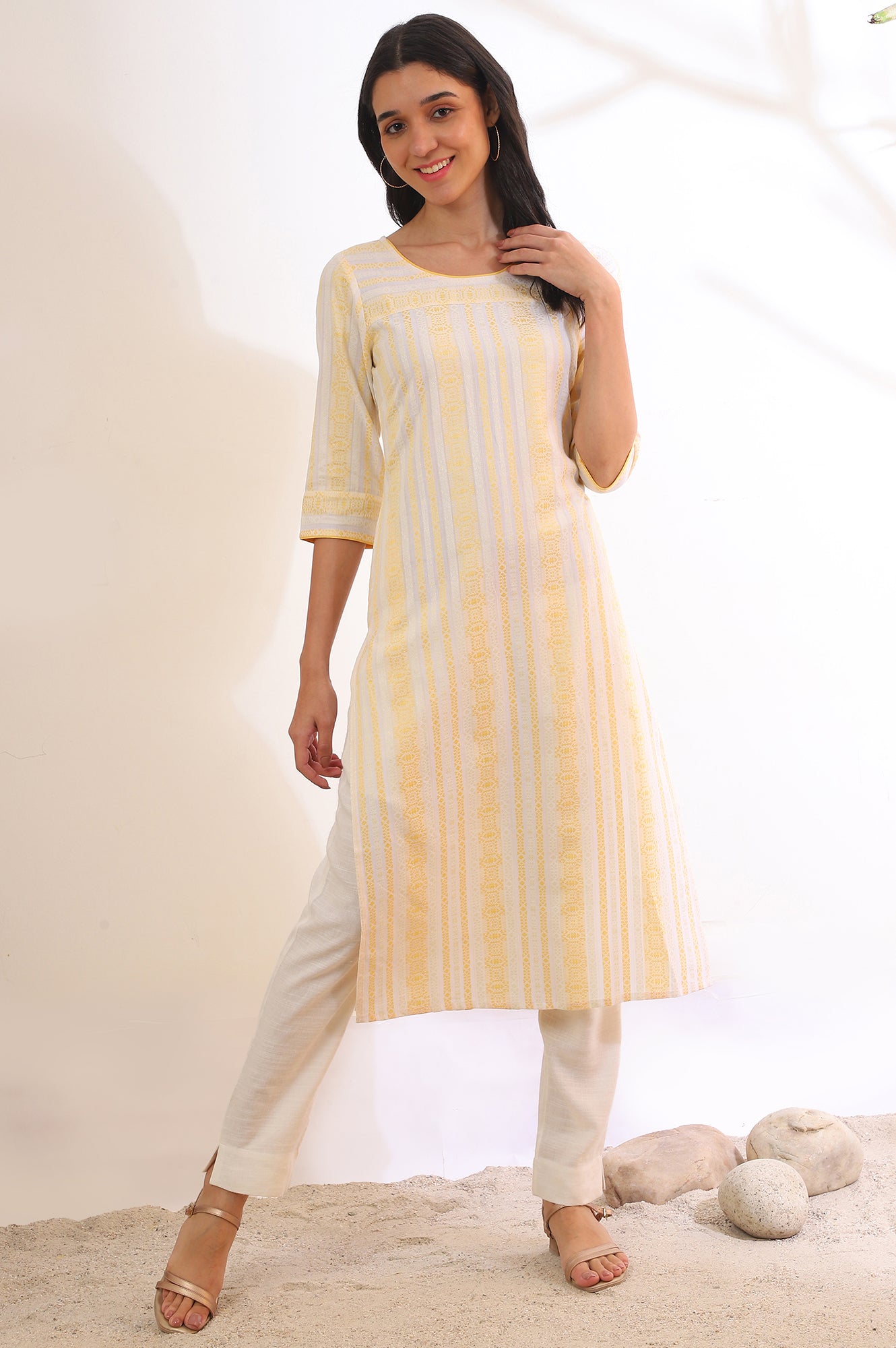 Yellow Yarn Dyed Straight Cotton Blend Kurta