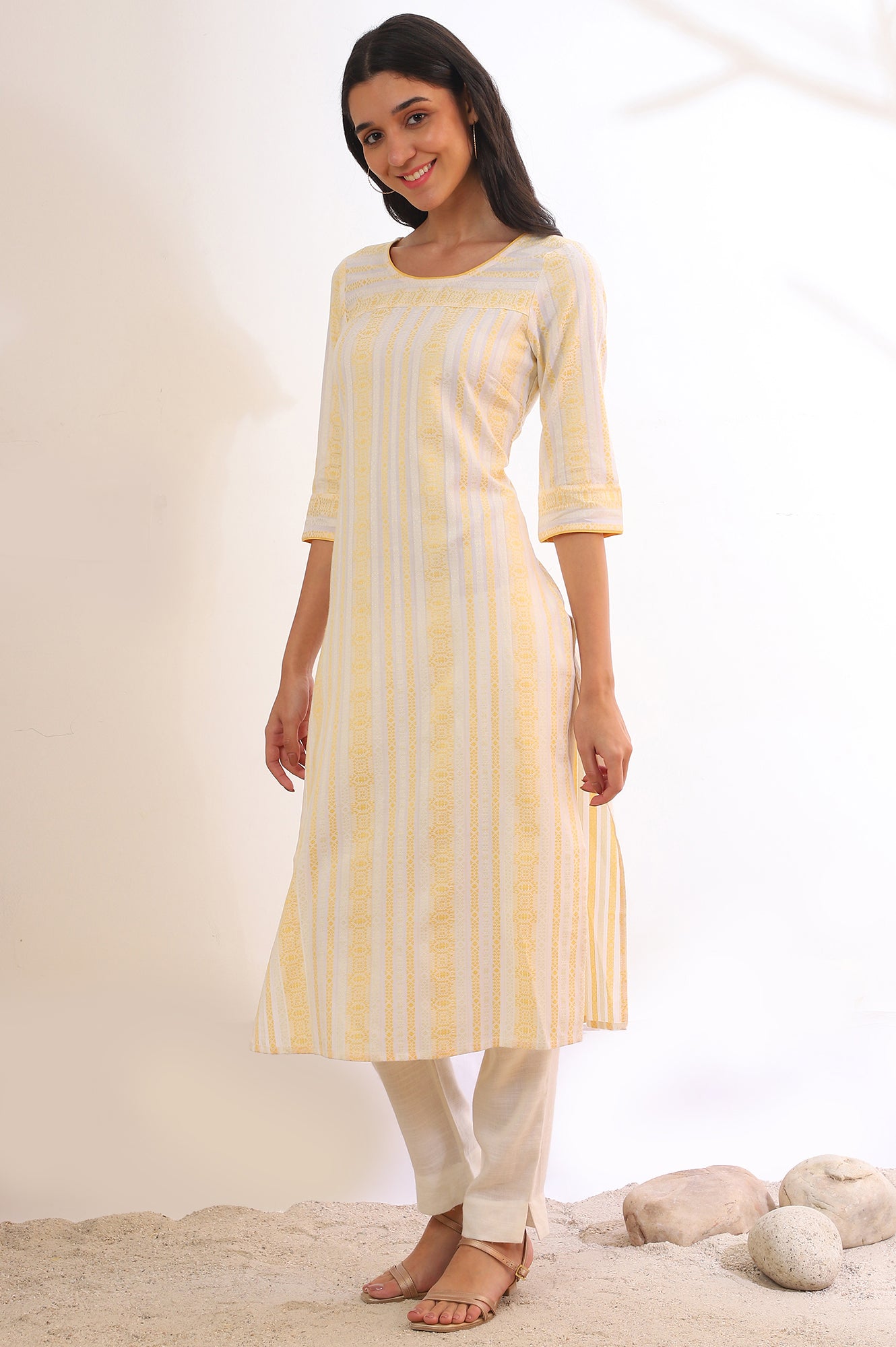 Yellow Yarn Dyed Straight Cotton Blend Kurta