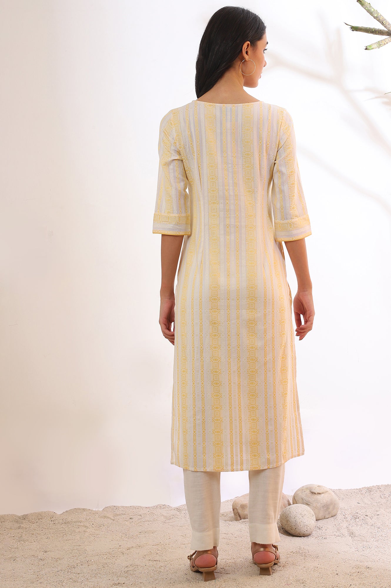 Yellow Yarn Dyed Straight Cotton Blend Kurta