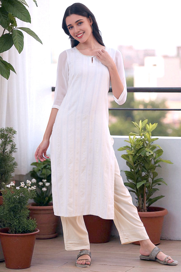 Off White Yarn Dyed Straight Cotton Blend Kurta