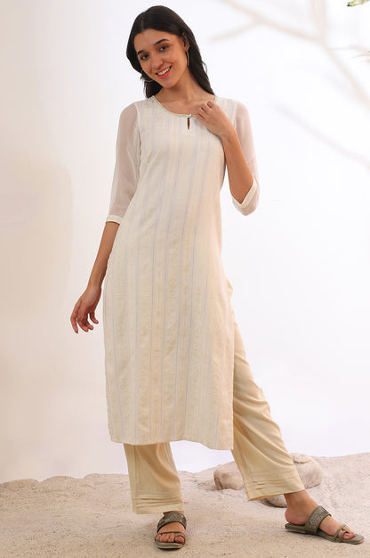 Off White Yarn Dyed Straight Cotton Blend Kurta