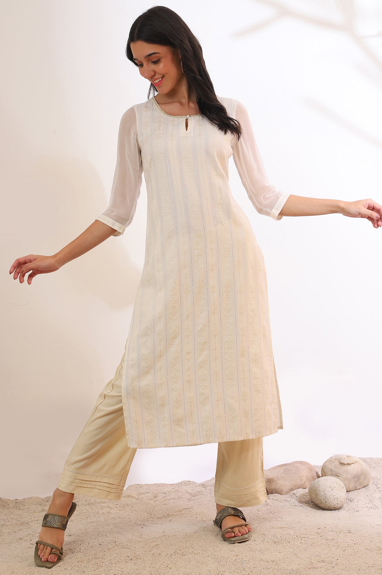 Off White Yarn Dyed Straight Cotton Blend Kurta