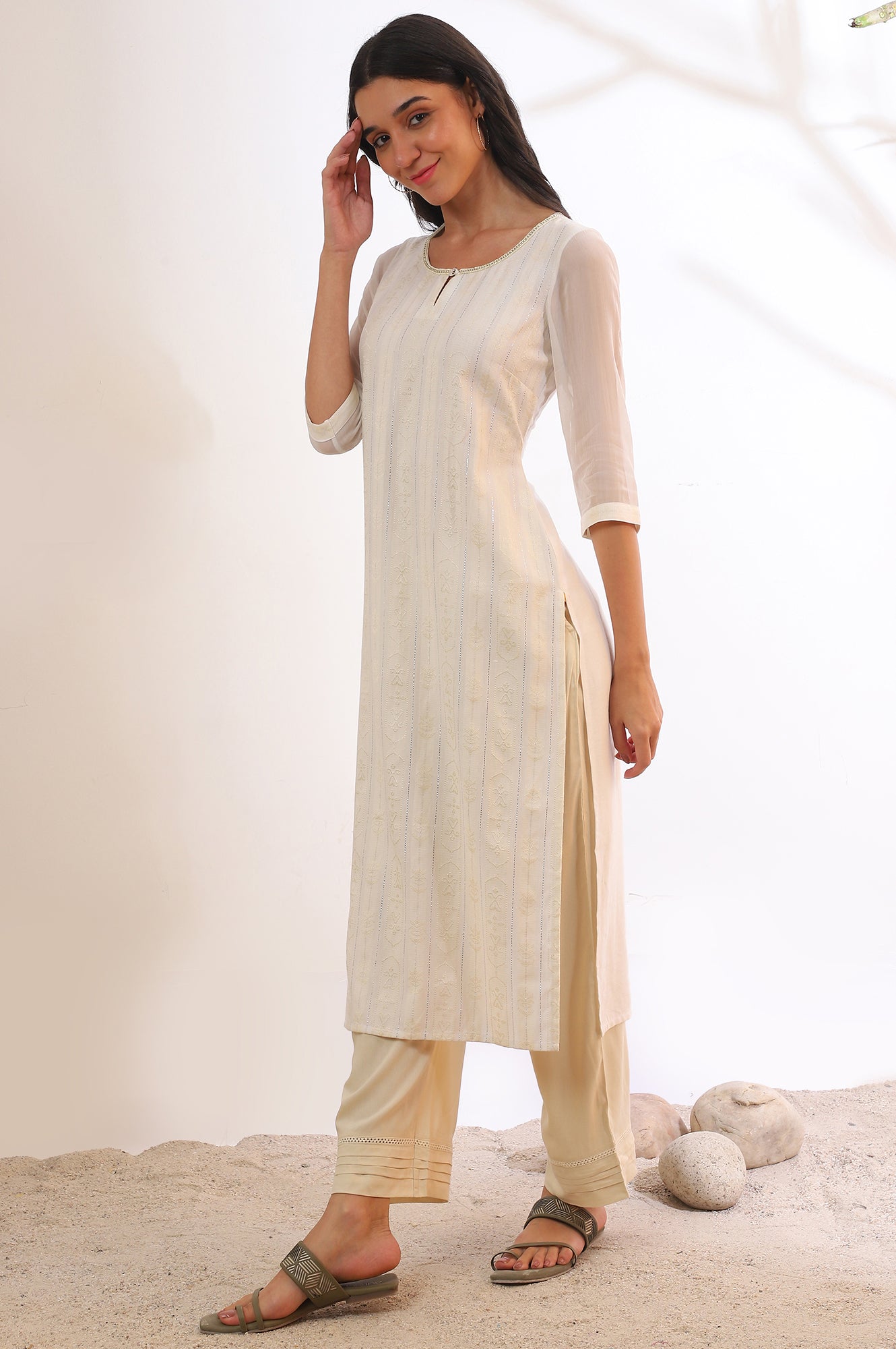 Off White Yarn Dyed Straight Cotton Blend Kurta