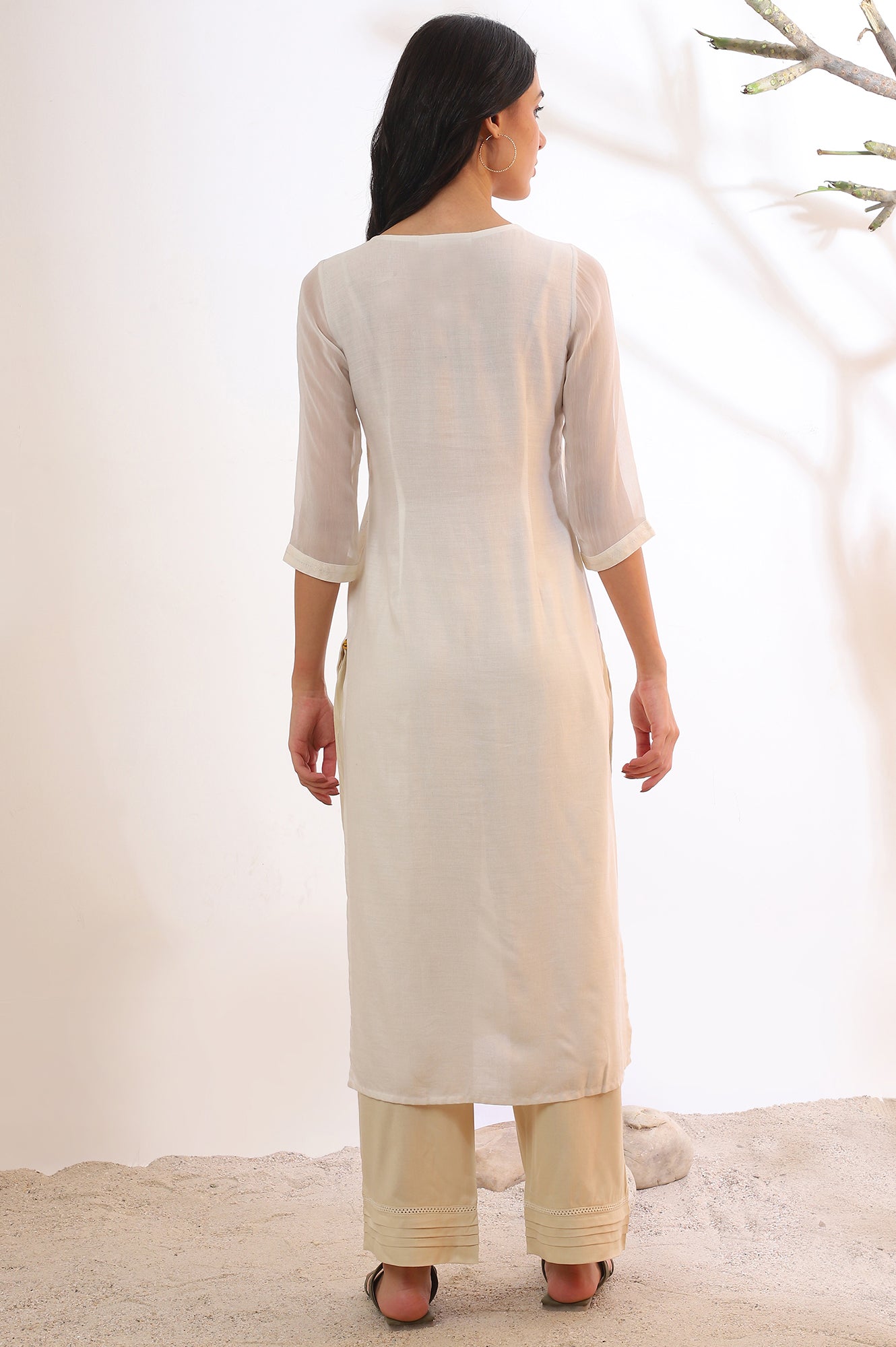 Off White Yarn Dyed Straight Cotton Blend Kurta