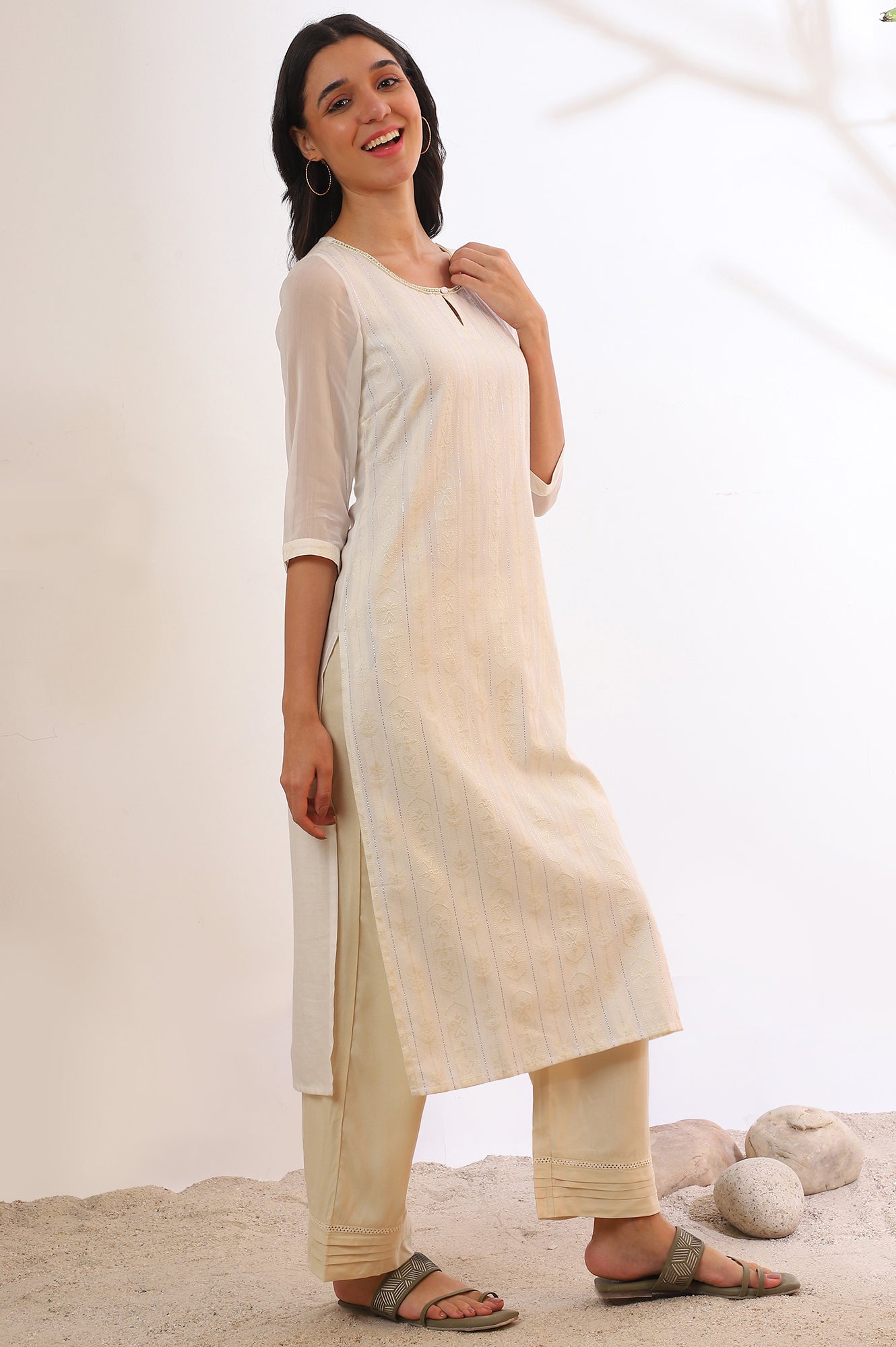 Off White Yarn Dyed Straight Cotton Blend Kurta