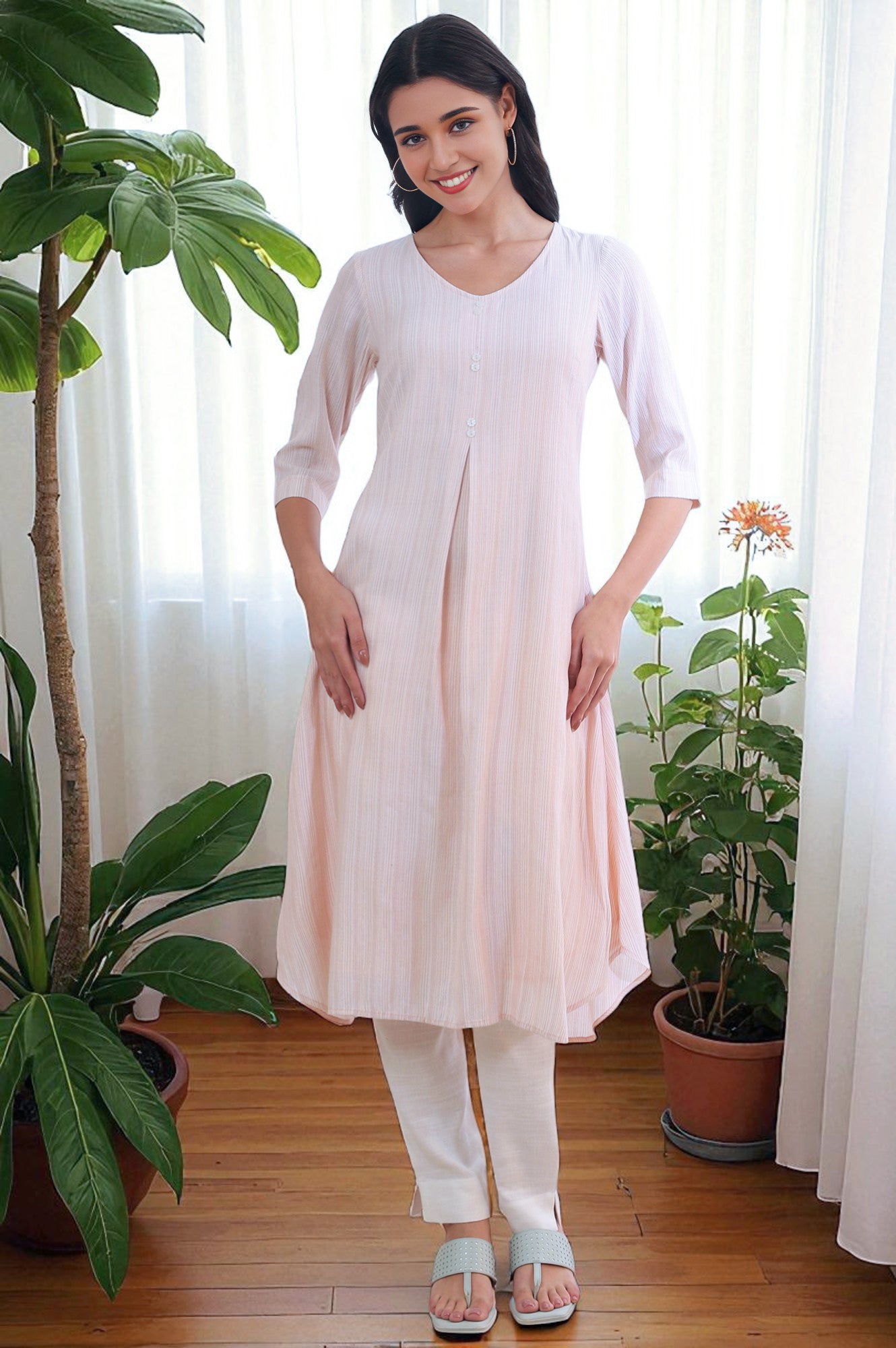 White and Brown Striped Yarn Dyed Flared Kurta