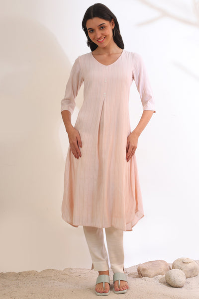 White and Brown Striped Yarn Dyed Flared Kurta