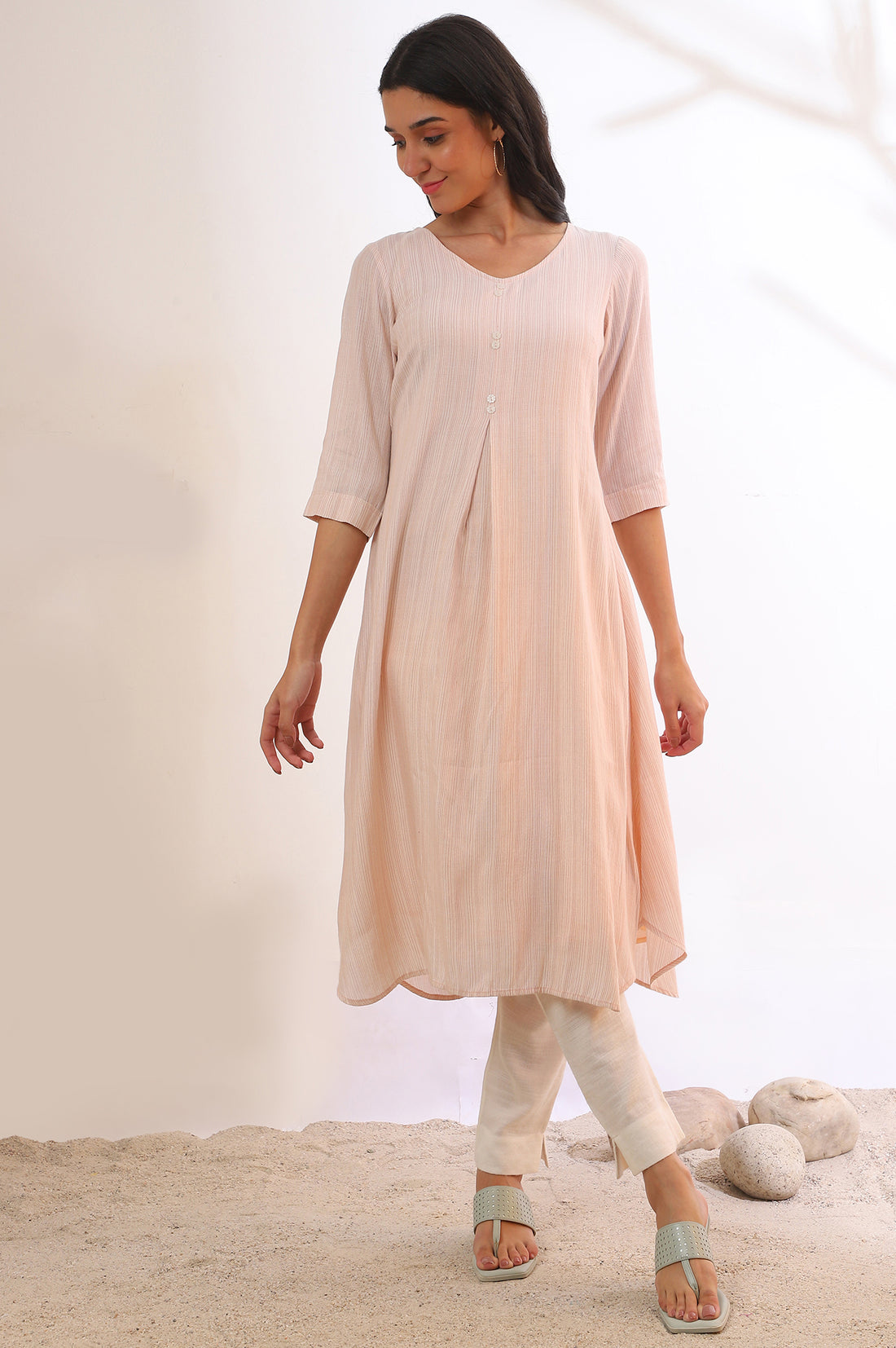 White and Brown Striped Yarn Dyed Flared Kurta