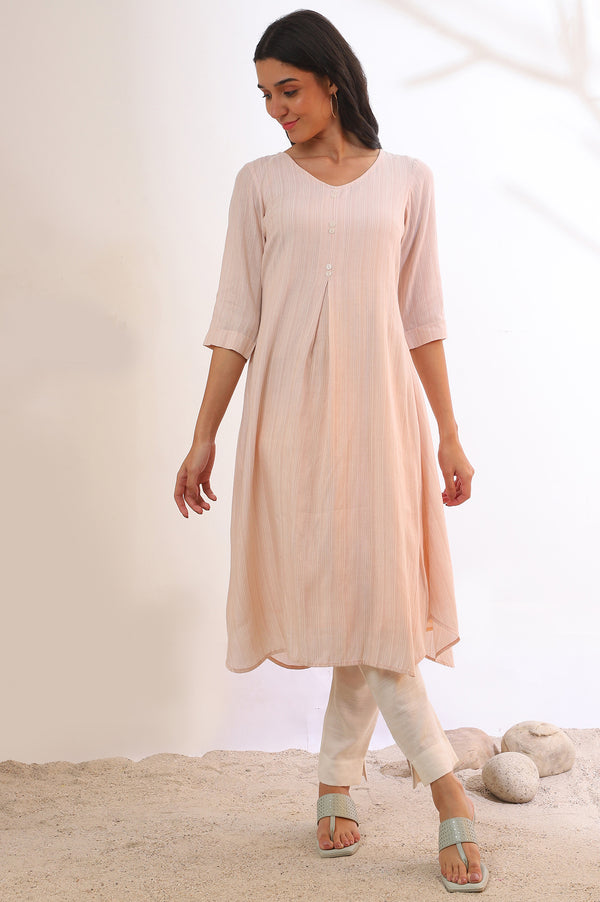 White and Brown Striped Yarn Dyed Flared Kurta