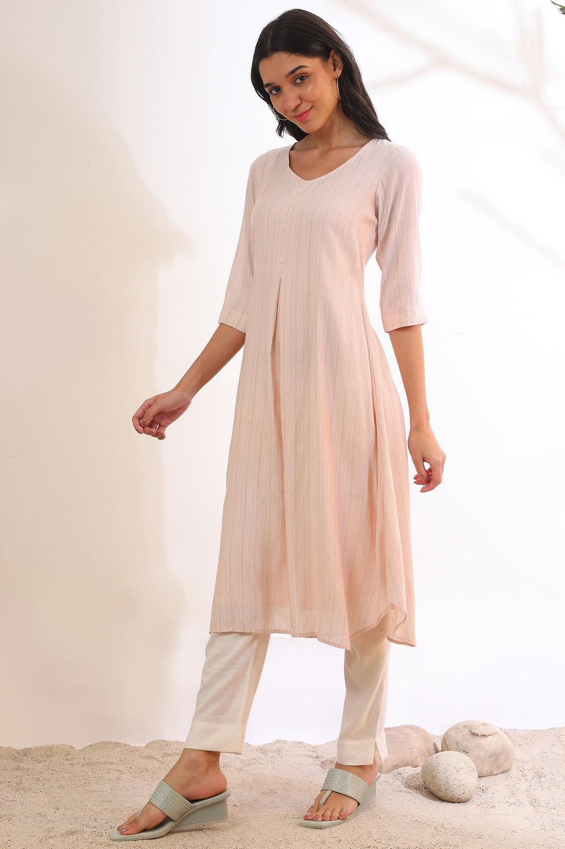 White and Brown Striped Yarn Dyed Flared Kurta