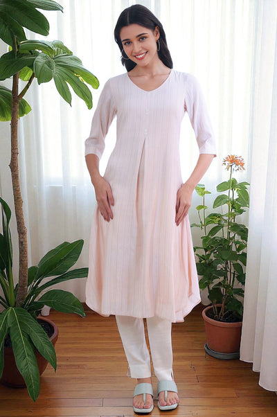 White and Brown Striped Yarn Dyed Flared Kurta