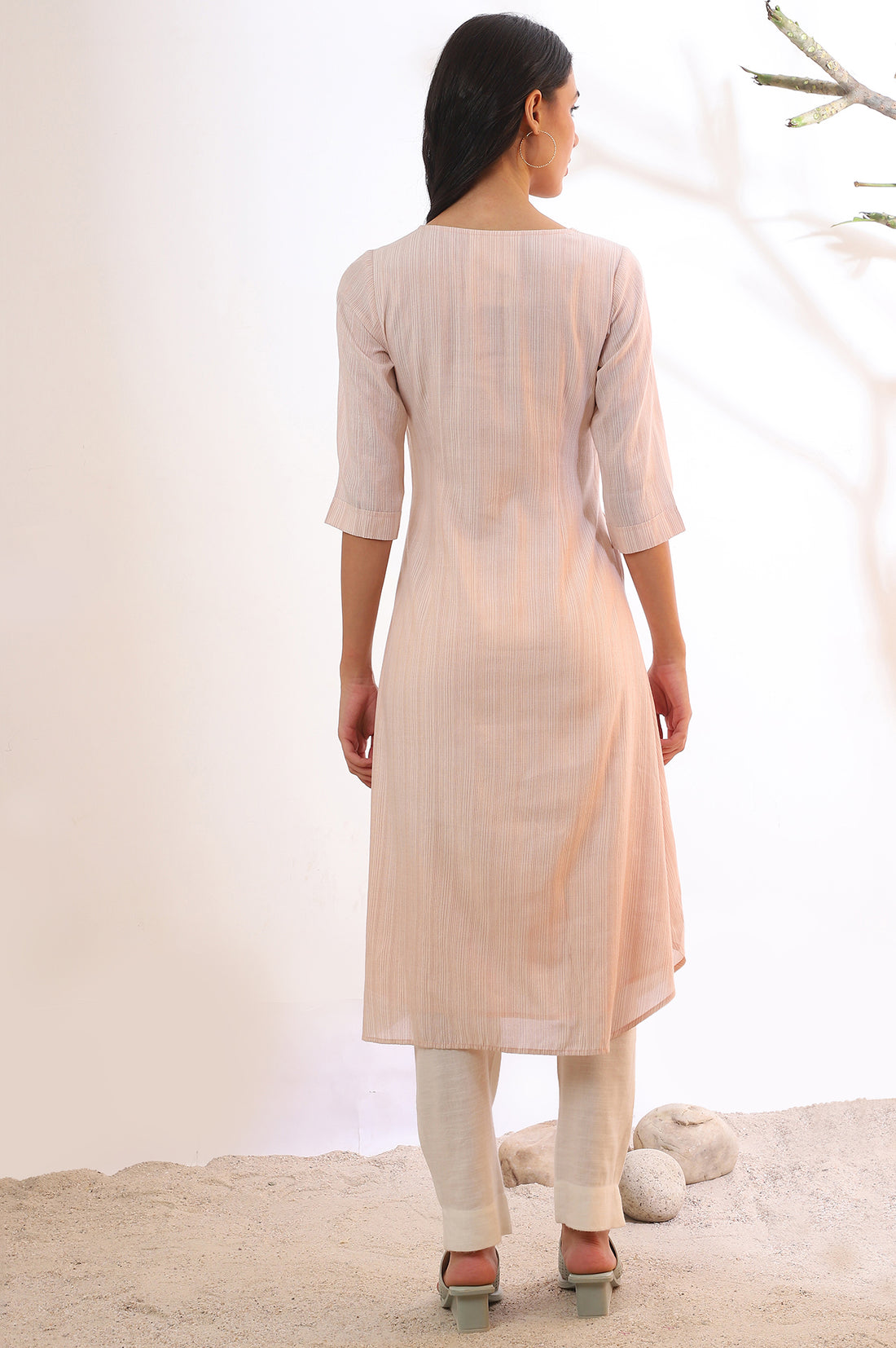 White and Brown Striped Yarn Dyed Flared Kurta