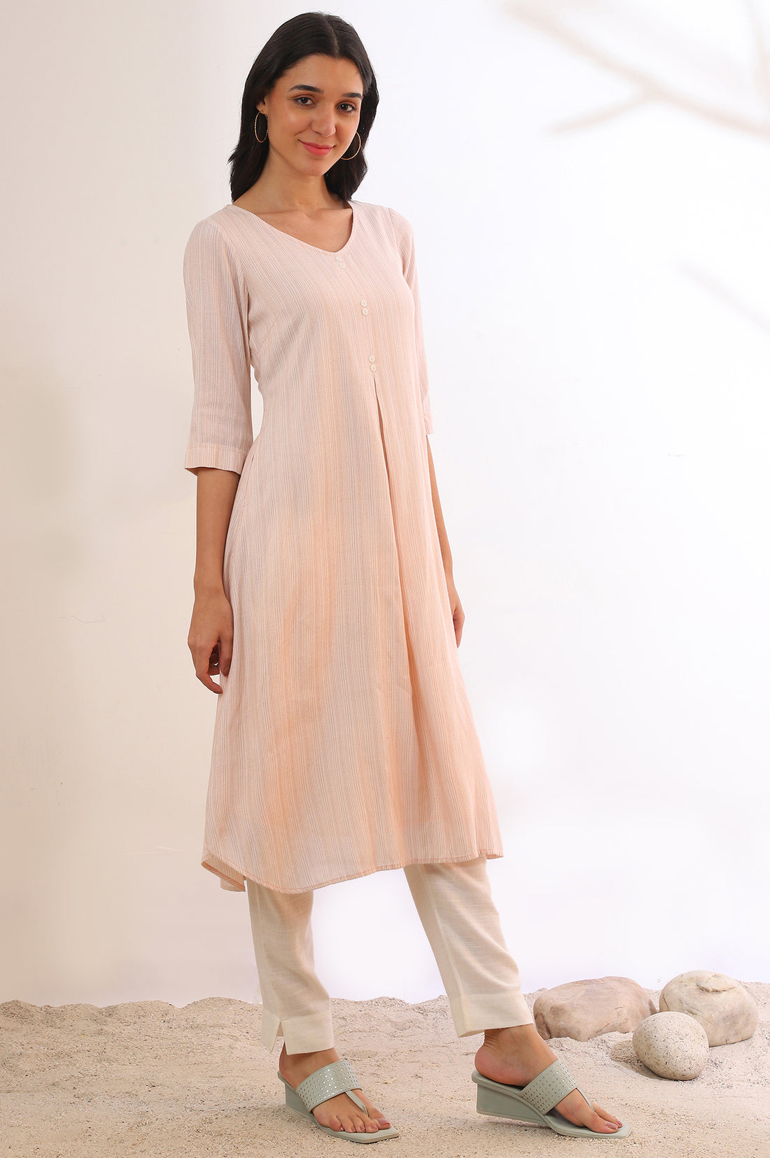 White and Brown Striped Yarn Dyed Flared Kurta