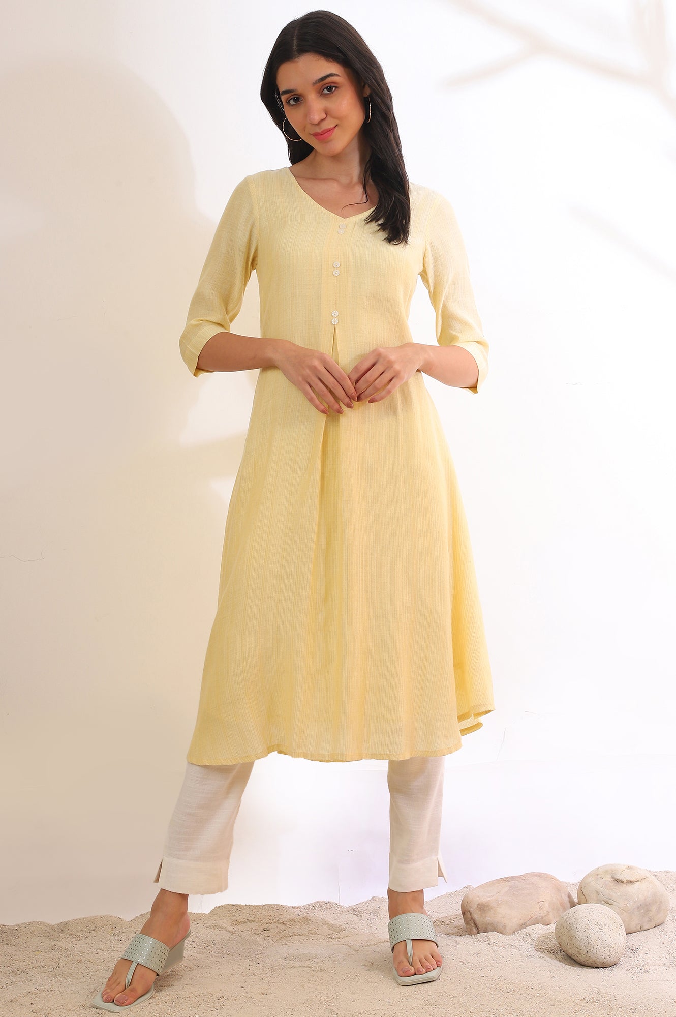 Yellow Yarn DyedFlarred Rayon Kurta