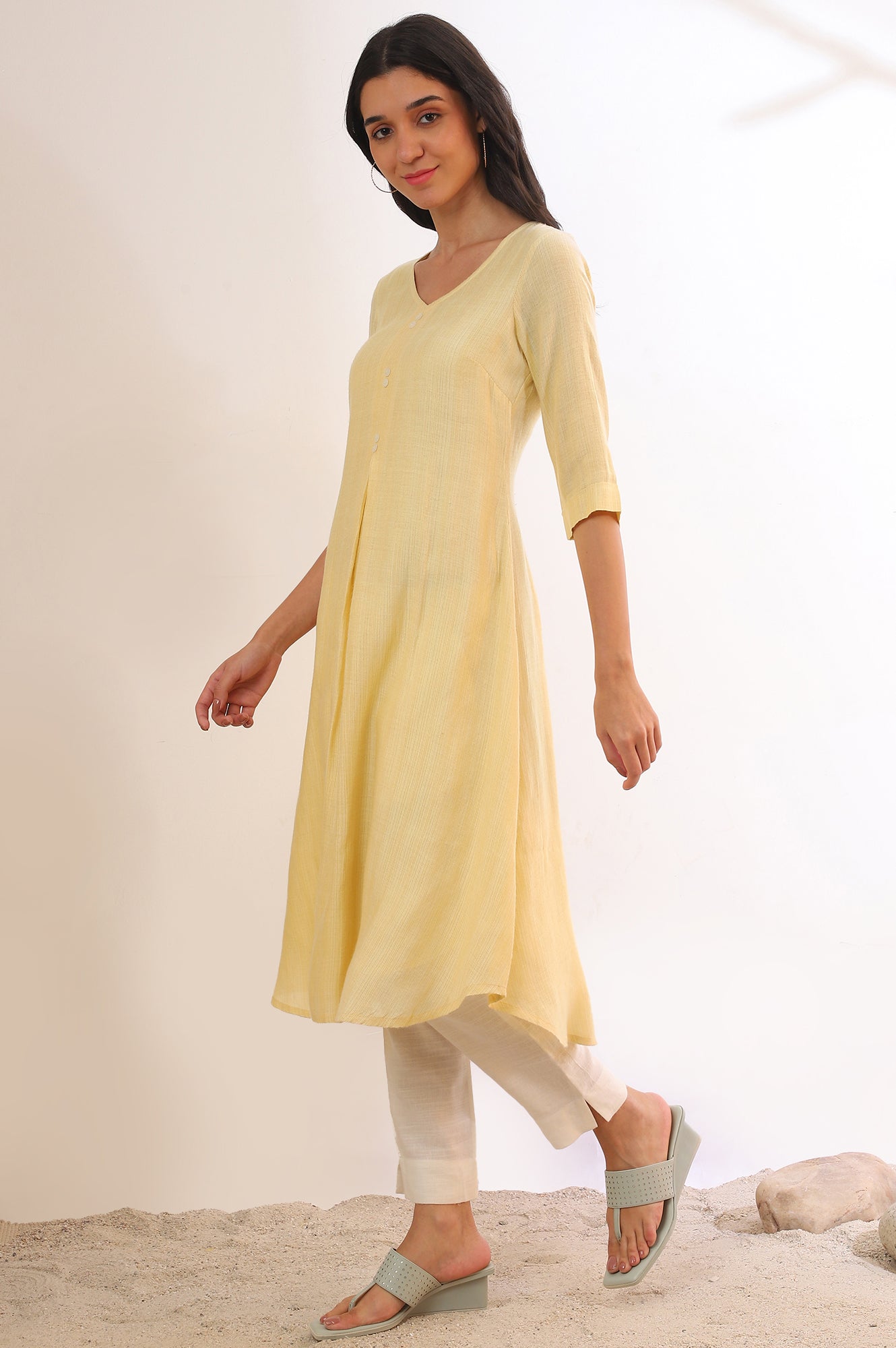 Yellow Yarn DyedFlarred Rayon Kurta