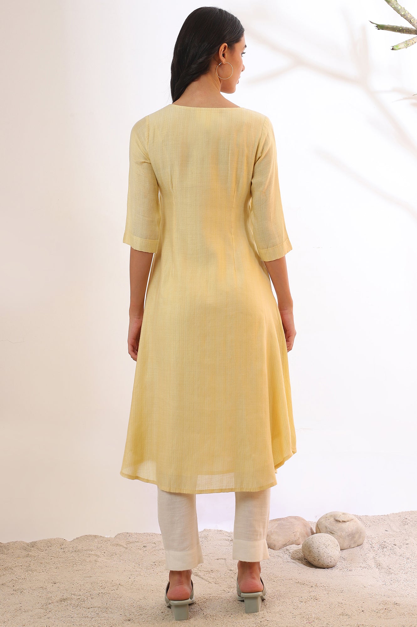 Yellow Yarn DyedFlarred Rayon Kurta