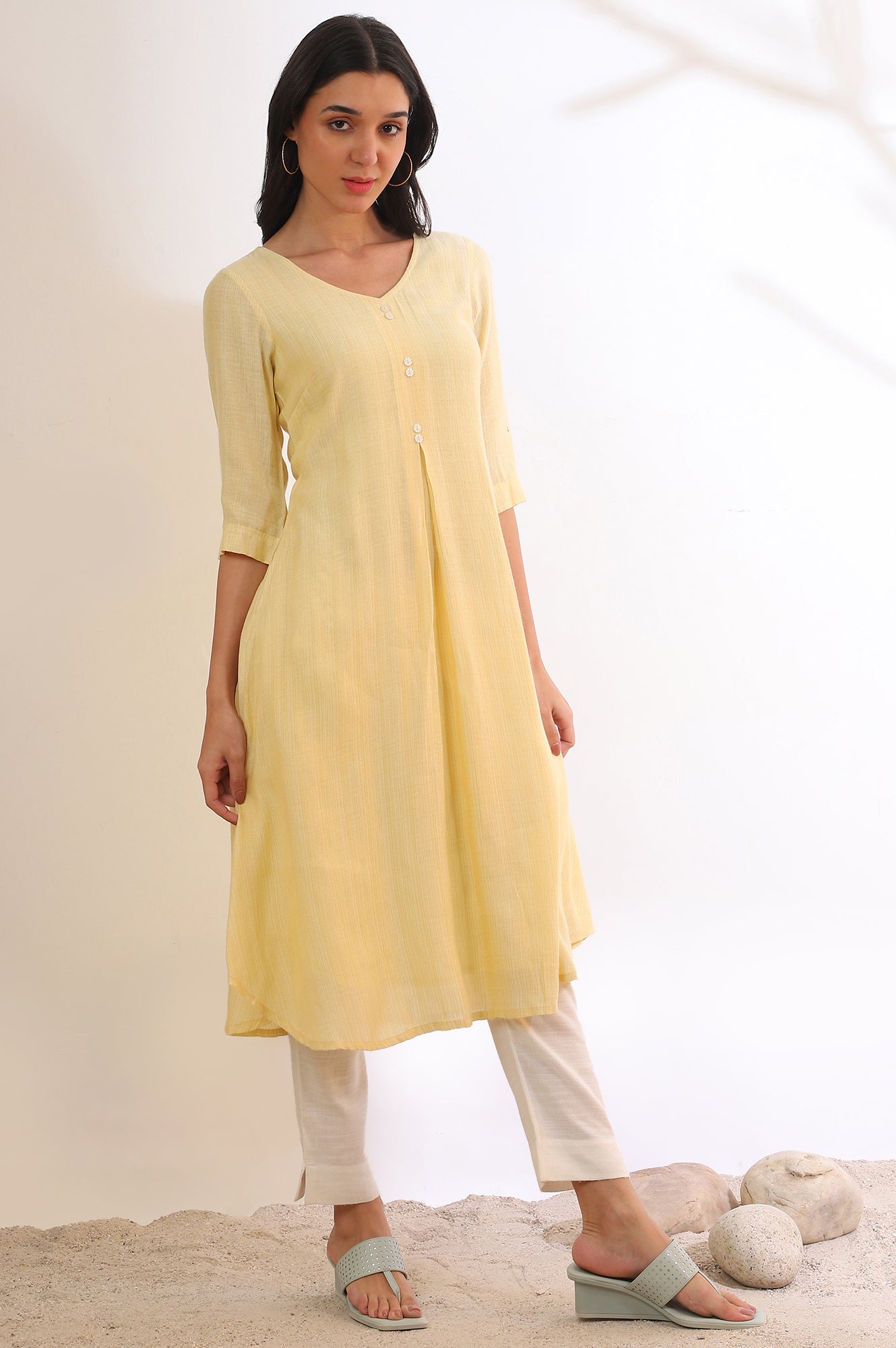 Yellow Yarn DyedFlarred Rayon Kurta