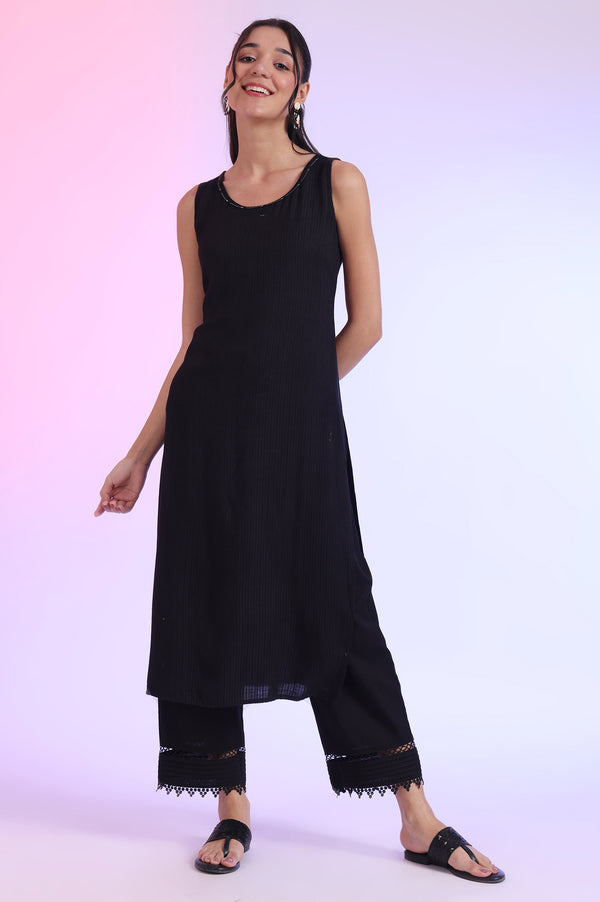 Black Solid Textured Rayon Sleeveless Straight Kurta