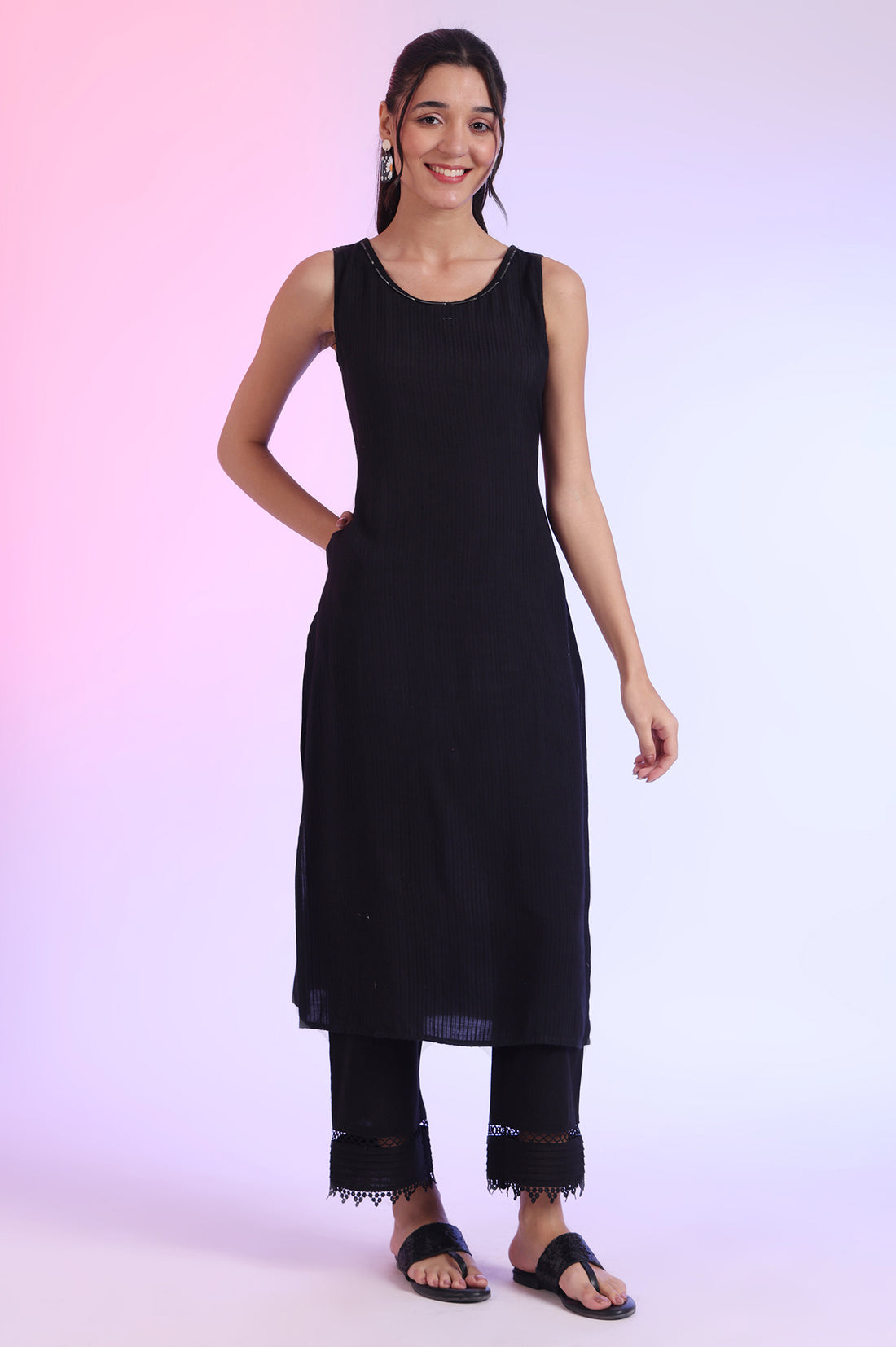Black Solid Textured Rayon Sleeveless Straight Kurta