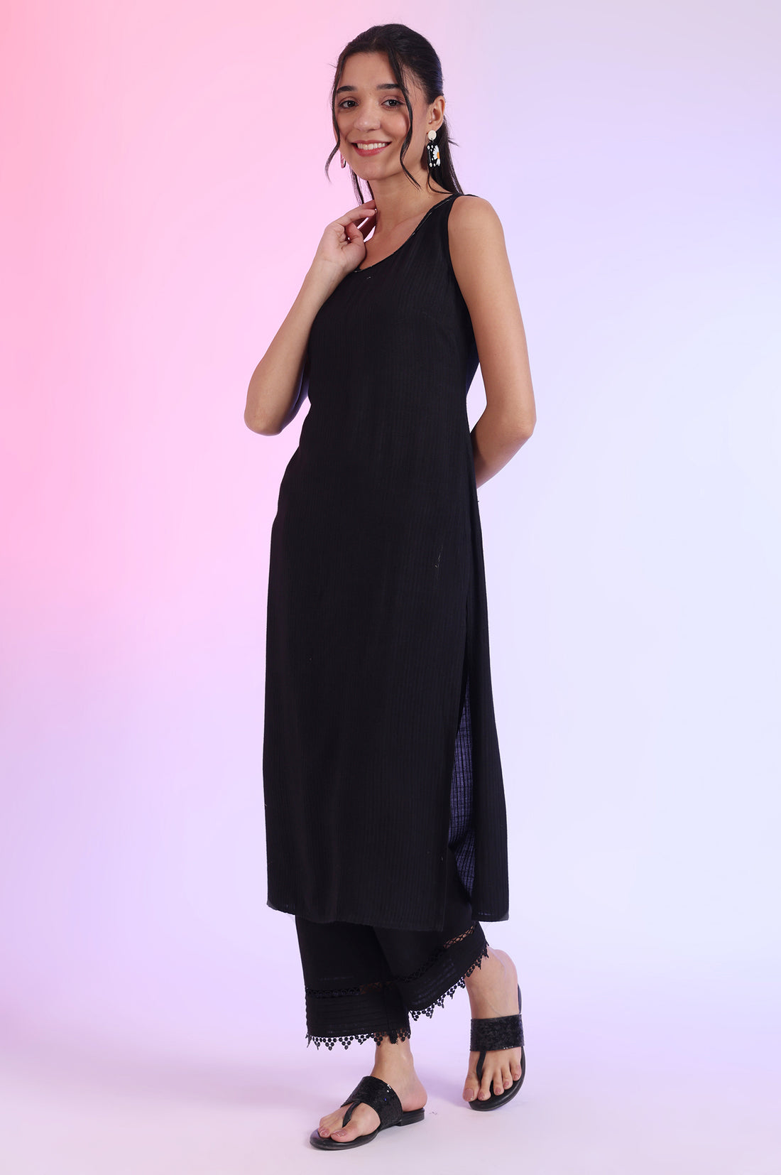 Black Solid Textured Rayon Sleeveless Straight Kurta