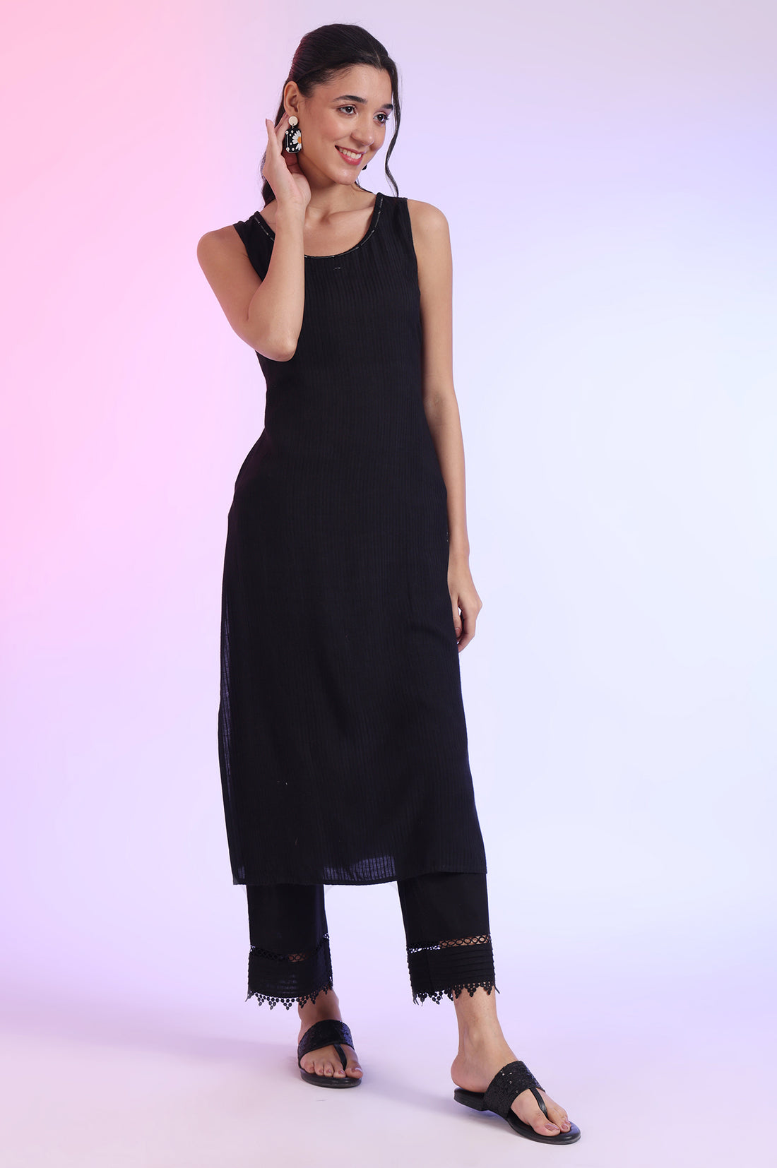 Black Solid Textured Rayon Sleeveless Straight Kurta