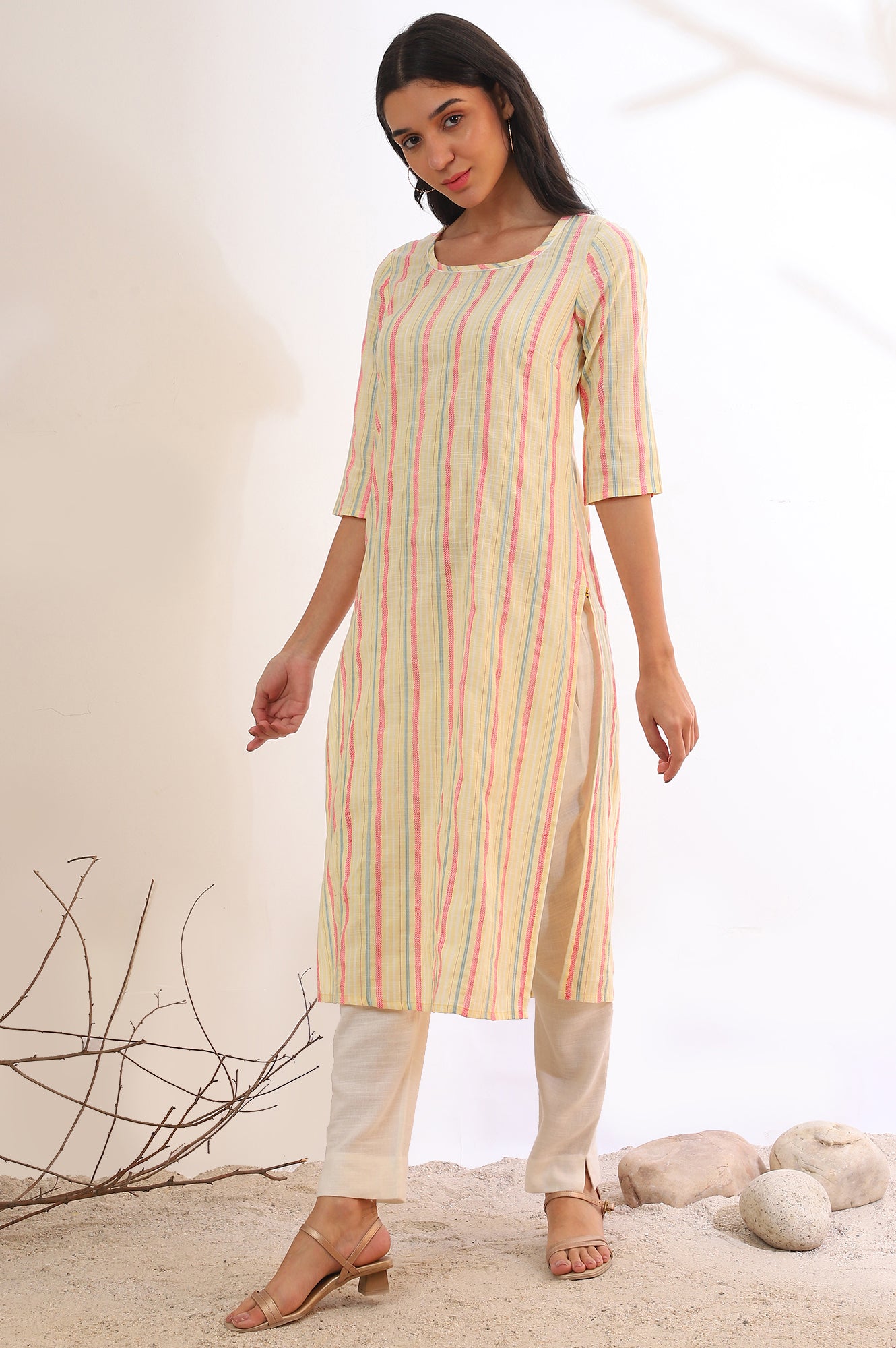 Yellow Yarn Dyed Straight Cotton Blend Kurta