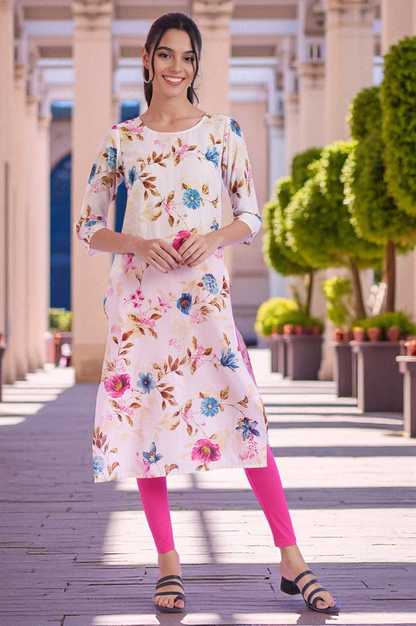 White Floral Printed Straight Pure Cotton Kurta