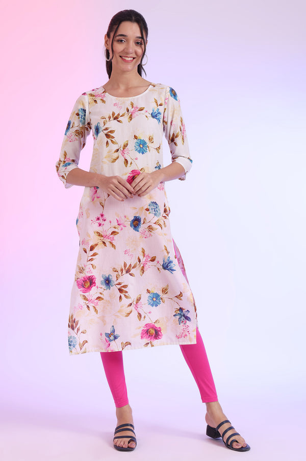 White Floral Printed Straight Pure Cotton Kurta