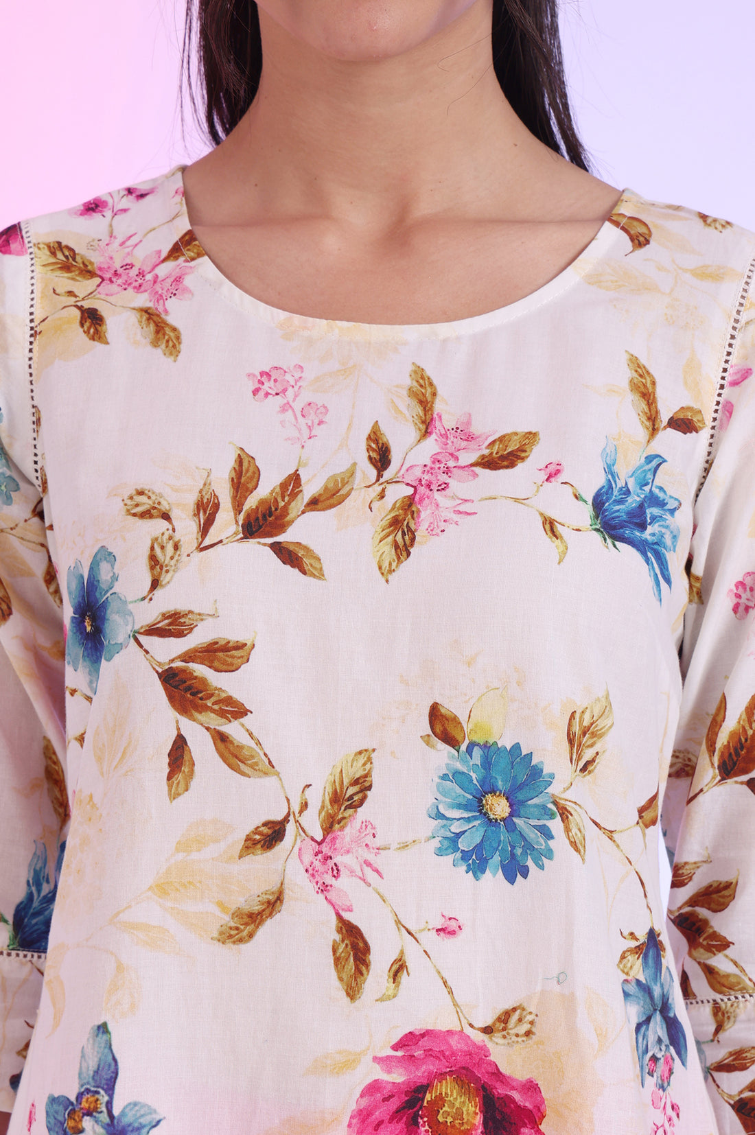 White Floral Printed Straight Pure Cotton Kurta