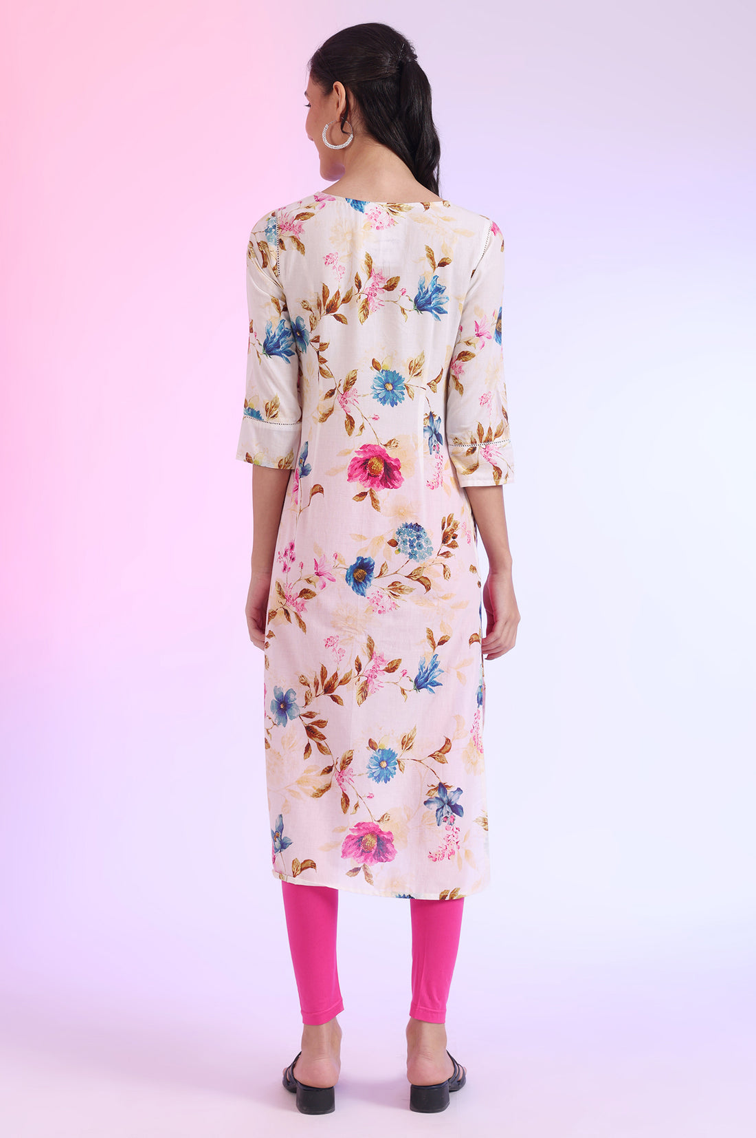 White Floral Printed Straight Pure Cotton Kurta