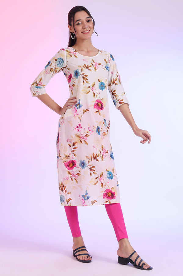 White Floral Printed Straight Pure Cotton Kurta