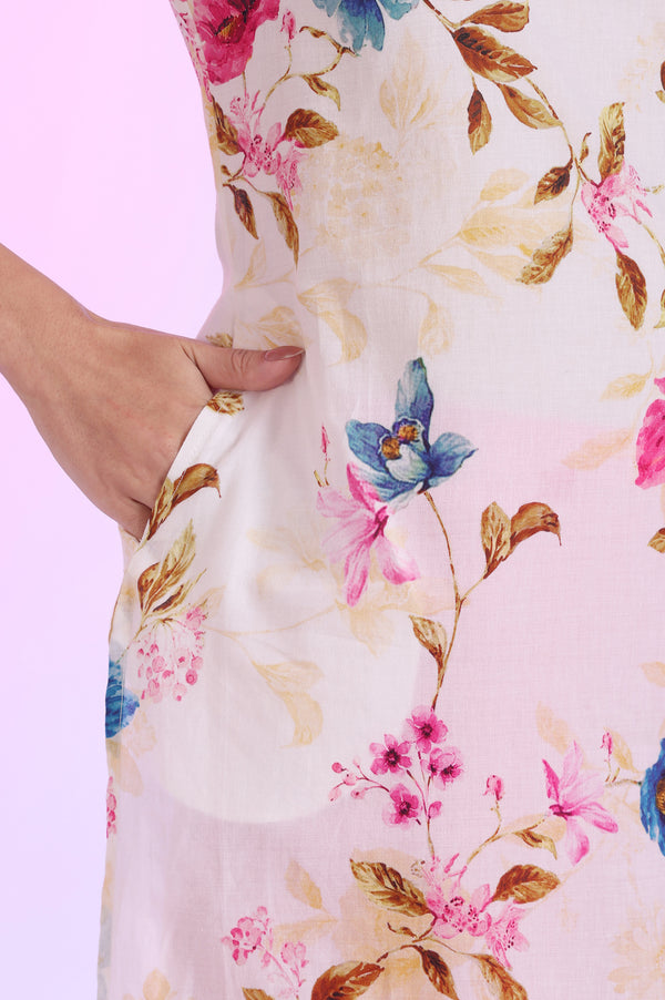 White Floral Printed Straight Pure Cotton Kurta