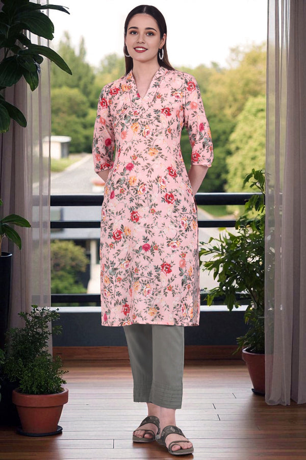 Peach Floral Printed Straight Kurta