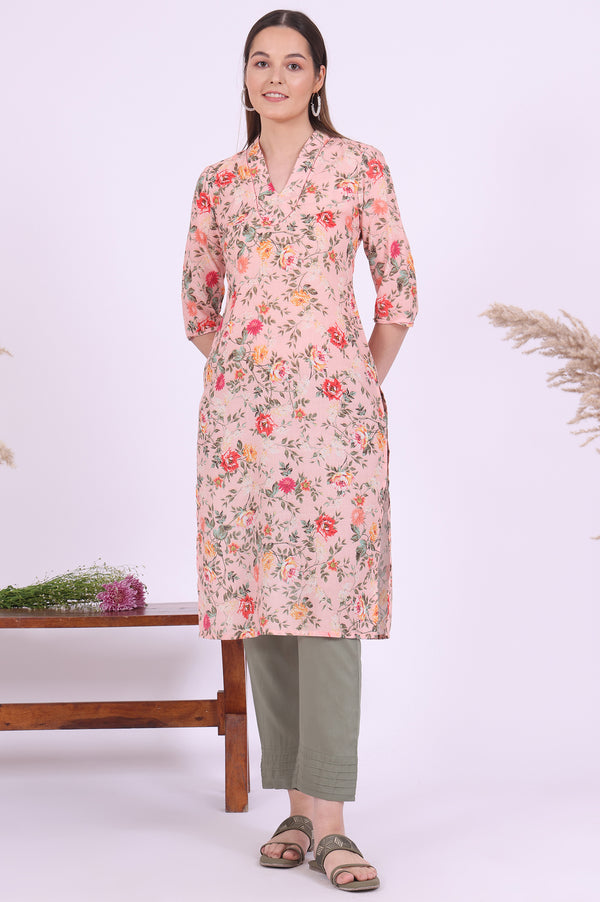 Peach Floral Printed Straight Kurta