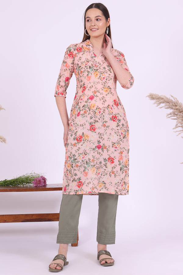 Peach Floral Printed Straight Kurta
