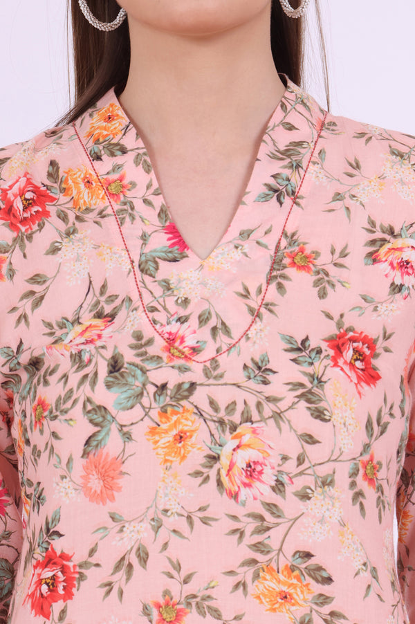 Peach Floral Printed Straight Kurta