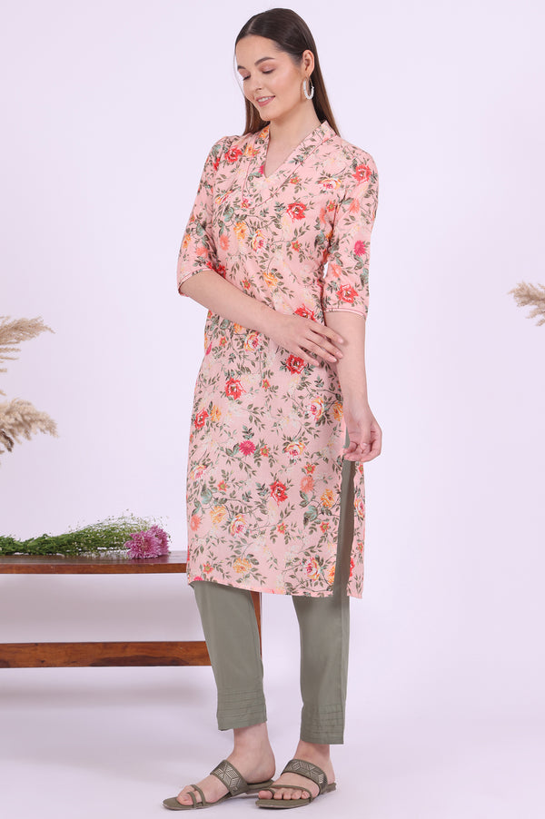 Peach Floral Printed Straight Kurta