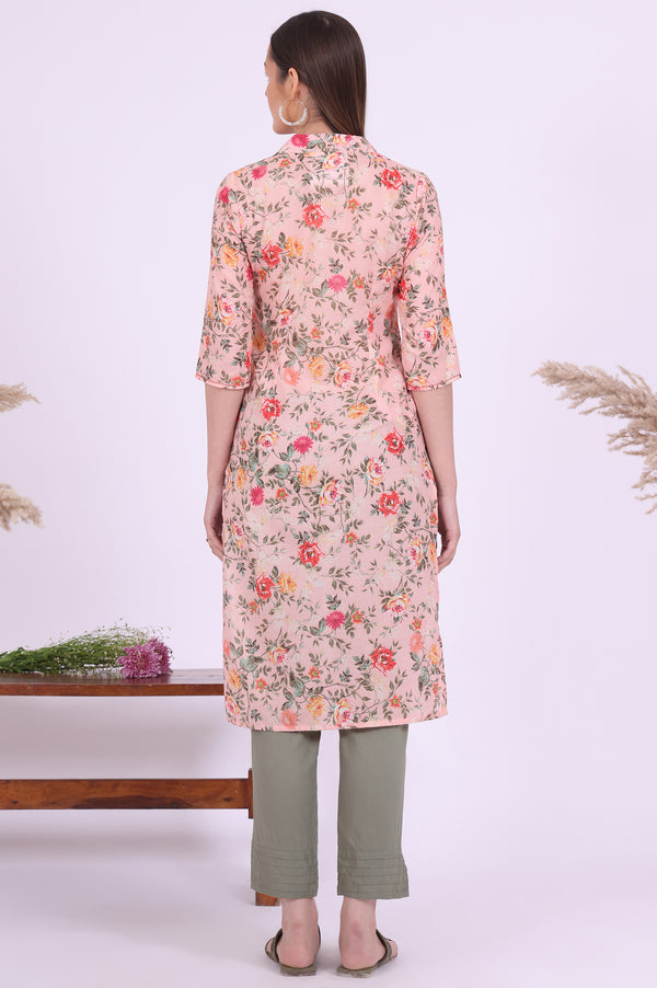Peach Floral Printed Straight Kurta